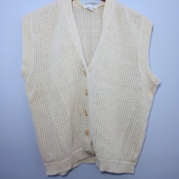 Vintage Sweater Vest Knit Cotton Cream Large Cottage Core Coastal Boho V Neck - Picture 1 of 11